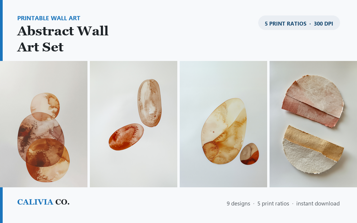 Four of the nine abstract watercolour prints in the Abstract Wall Art Set, in warm terracotta and ochre tones